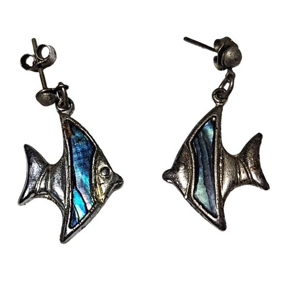 Vintage Abalone Fish Silver Tone Drop Dangle Earrings Beach Core Summer Vacation - Picture 1 of 4